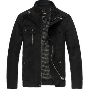 Men's Black Cotton Lightweight Military Front Zip Jacket